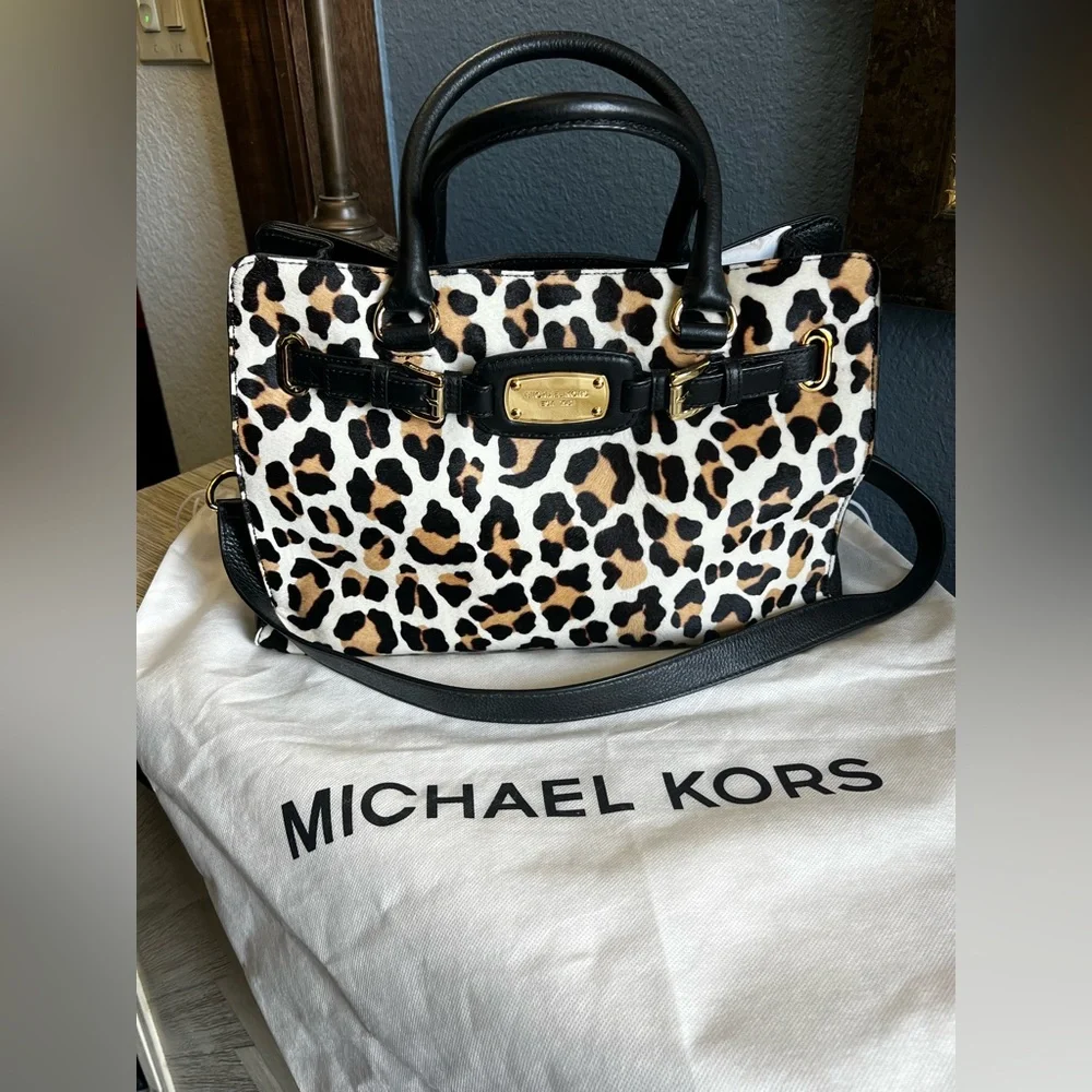 NEW!!! Michael Kors Leopard-Print Satchel in Black, Tan & Cream